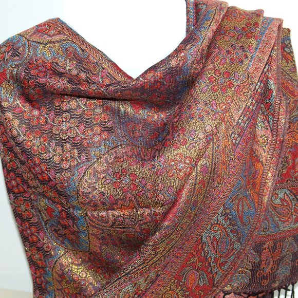 Red Metallic Paisley Pashmina Scarf | Shawl for Women Red Golden Sparkling Scarf - Picture 5 of 5
